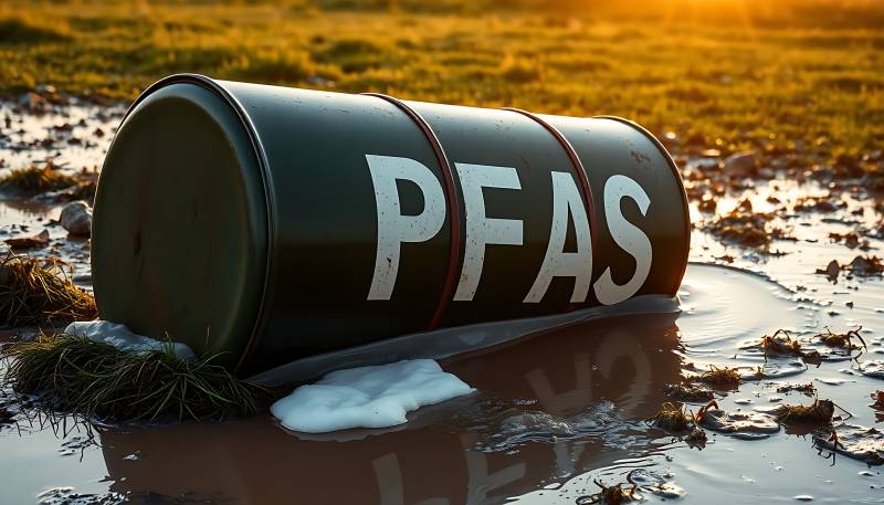 pfas-chemical-container-ground-near-wetland-sunset-highlighting-environmental-contamination-issues